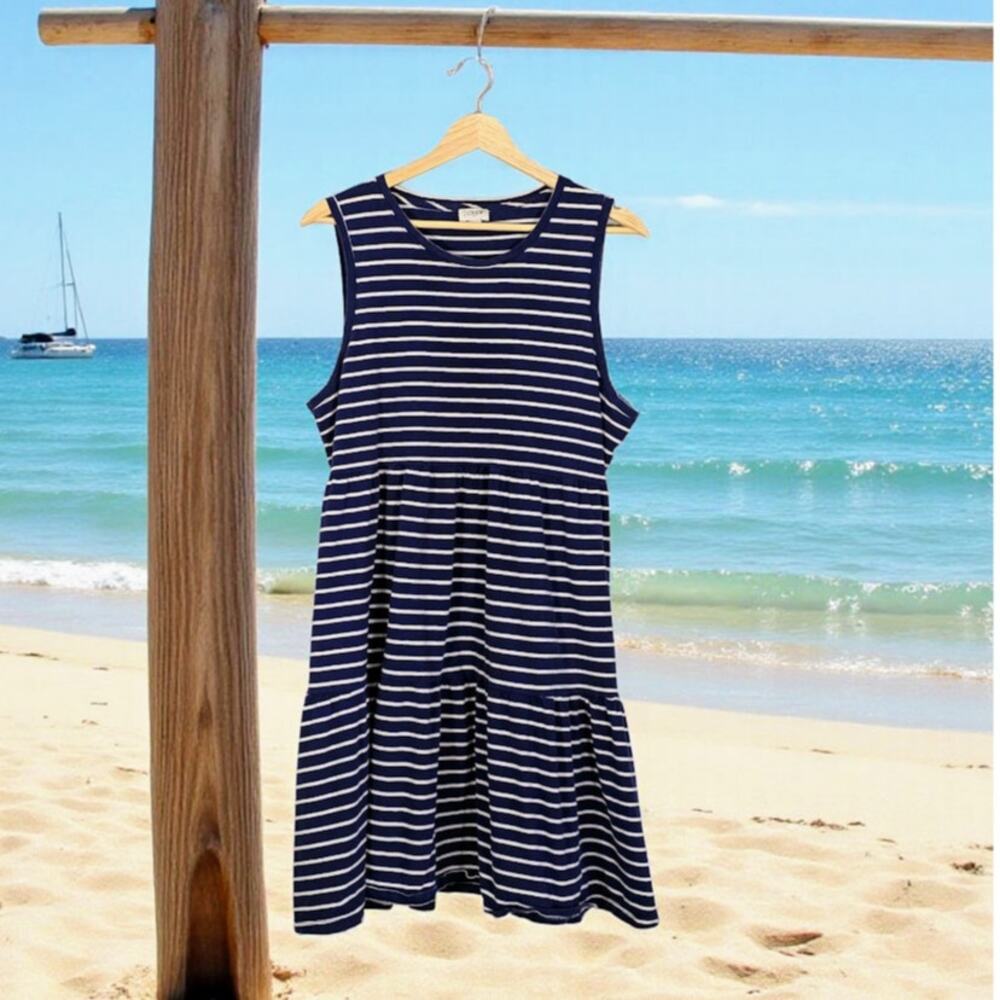 J Crew Blue White Striped Tiered Tank Dress L